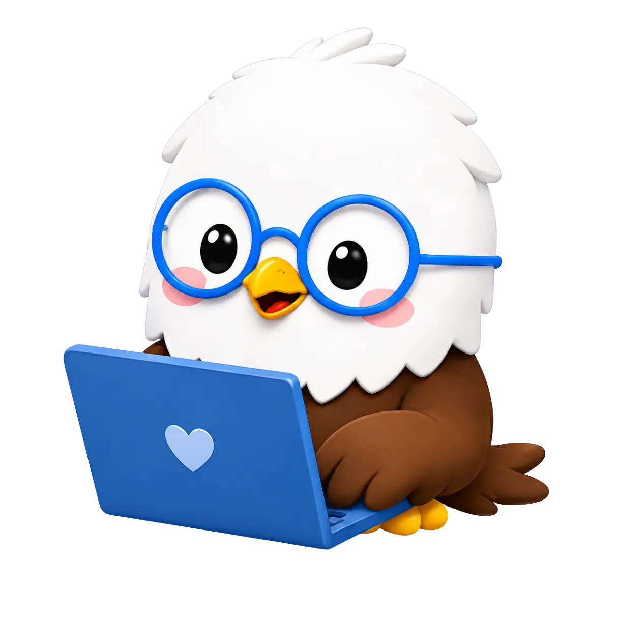 Faltive falcon mascot working at a laptop
